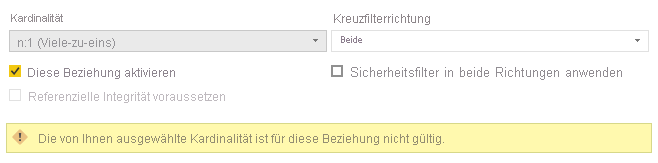 Screenshot des Dialogfelds „Beziehungen“, das den Fehler „Die Kardinalität ist für diese Beziehung nicht gültig.“ anzeigt, der im Zusammenhang mit erkannten doppelten Werten steht.