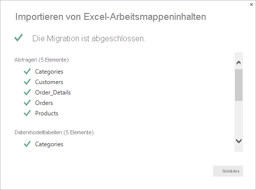 Screenshot: Zusammenfassungsseite über das Importieren von Excel-Arbeitsmappeninhalten