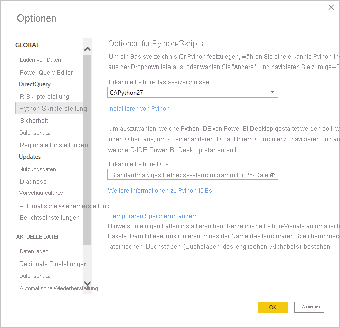 Screenshot of the Options dialog, showing Visual Studio Code entered in the Detected Python IDE field.