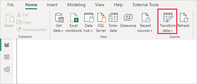 Screenshot of the Power Query Editor in Power BI Desktop, showing the Transform data selection.