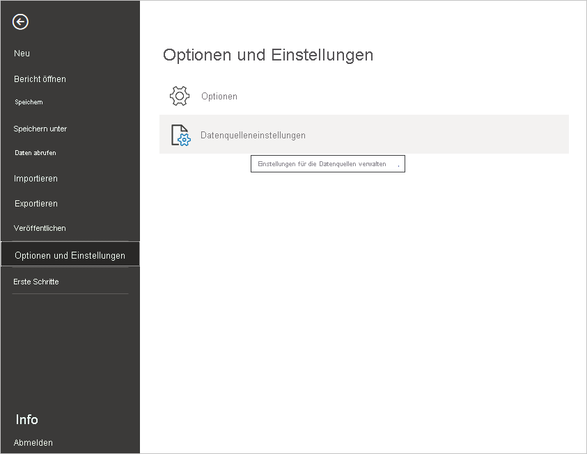 Screenshot of the File menu in Power BI Desktop, showing the Data source settings selection.