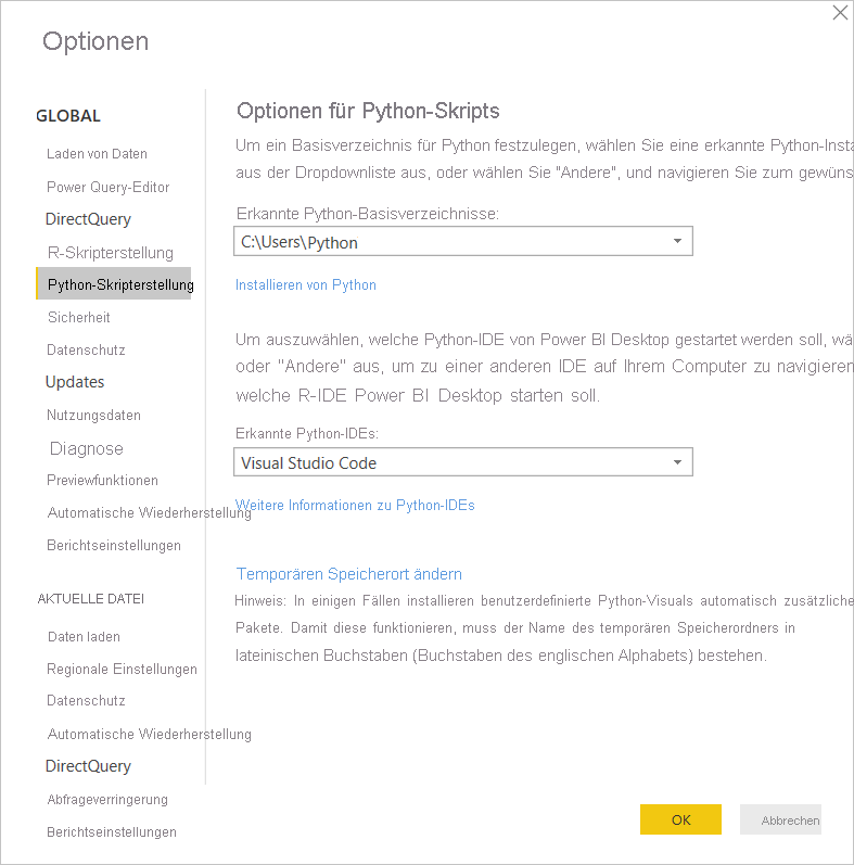 Screenshot, der die Python-Skriptoptionen für Power BI Desktop zeigt.