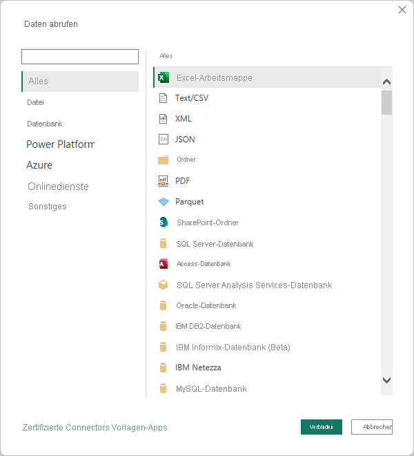 Screenshot shows the Get Data dialog with All and Excel selected.