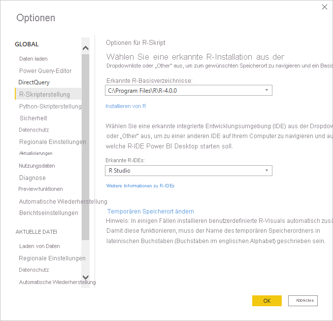 Screenshot of the Options dialog, showing R Studio is entered in the Detected R I D E field.