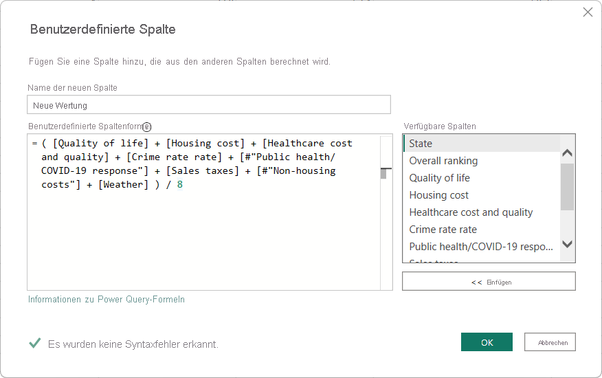 Screenshot: Dialogfeld „Benutzerdefinierte Spalte“ in Power Query-Editor mit dem neuen Spaltennamen, der benutzerdefinierten Spaltenformel und ohne Syntaxfehler.