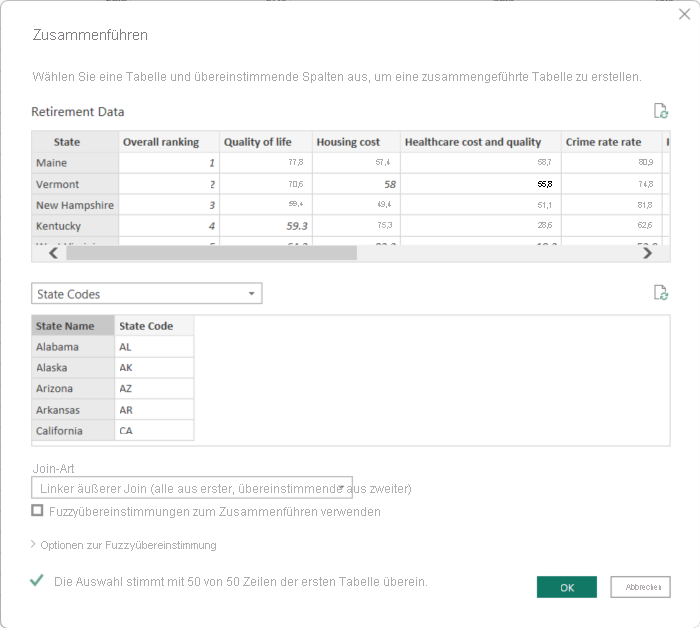 Screenshot: Dialogfeld „Zusammenführen“ in Power Query-Editor.