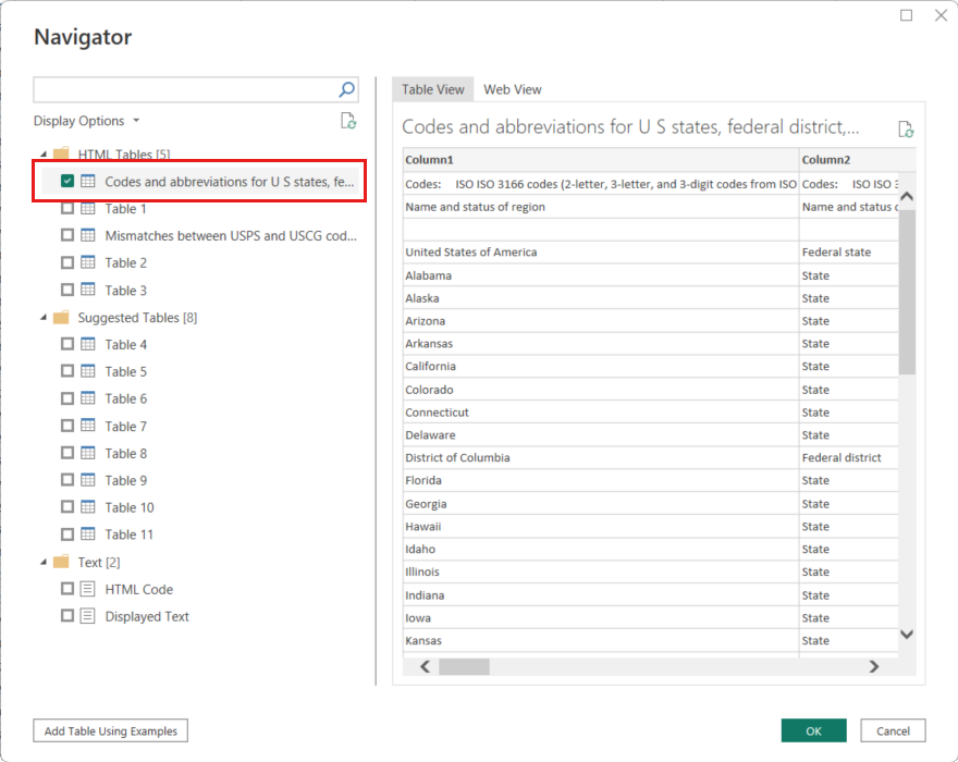 Screenshot: Seite „Navigator“ von Power Query-Editor mit ausgewählter Tabelle „Codes und Abkürzungen“.