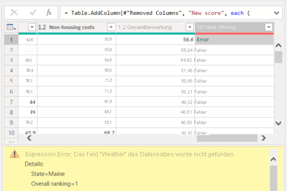 Screenshot: Power Query-Editor mit der Spalte „Neue Bewertung“ mit Fehlerdetails.