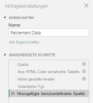 Screenshot: Bereich „Abfrageeinstellungen“ in Power Query-Editor mit der Liste „Angewendete Schritte“ mit den bisherigen Aktionen.