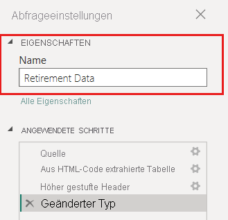 Screenshot: Power Query-Editor zeigt, wie Sie einen Tabellennamen in den Abfrageeinstellungen bearbeiten.