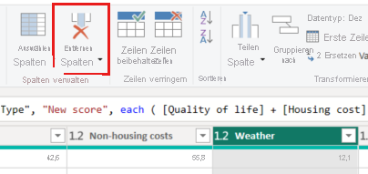 Screenshot: Startmenü von Power Query-Editor mit hervorgehobener Schaltfläche „Spalten entfernen“.