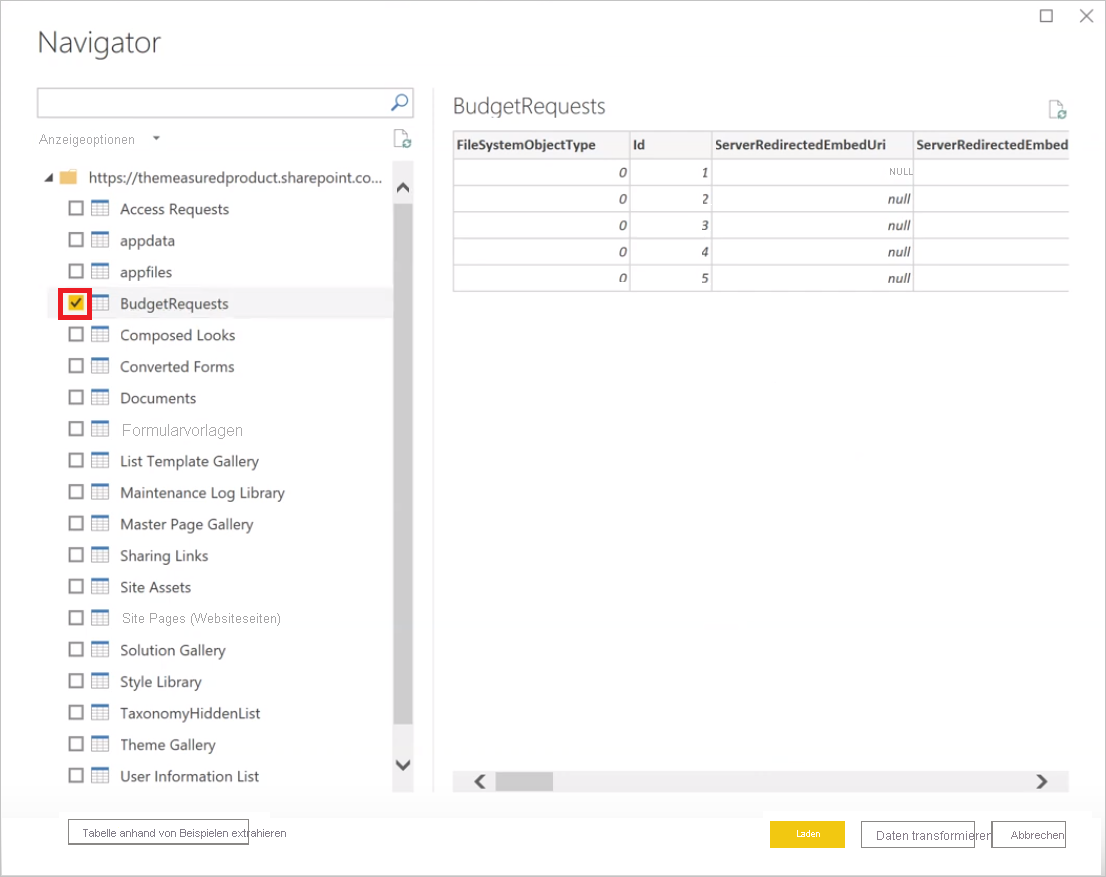 Screenshot shows the Navigator page with BudgetRequests selected.