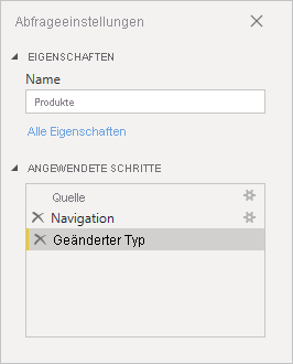 Screenshot that shows the applied steps in the Products query.