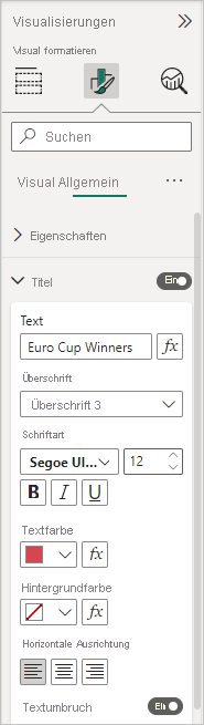 Screenshot: Option „Titel“, in der Sie Schriftfarbe, -größe und -familie ändern können