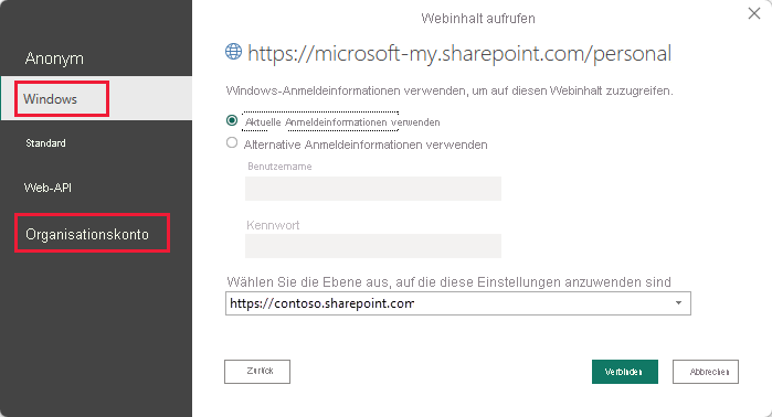 Screenshot of the Power BI Desktop credential prompt, showing Windows or Organizational account selection.