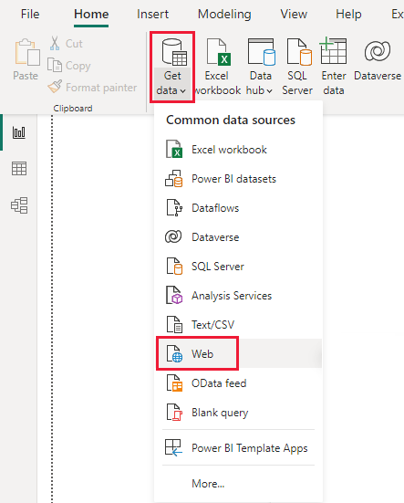 Screenshot of the Get Data ribbon in Power BI Desktop, showing the Web selection.