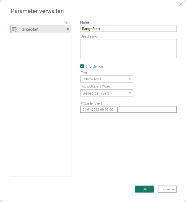 Definieren des RangeStart-Parameters im Dialogfeld „Parameter verwalten“.