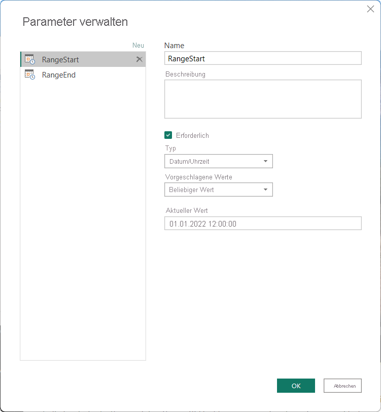 Screenshot des Dialogfelds „Parameter verwalten“ mit den Parametern „RangeStart“ und „RangeEnd“