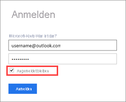 Screenshot des Dialogfelds „Anmelden“, in dem das Kontrollkästchen „Angemeldet bleiben“ aktiviert ist