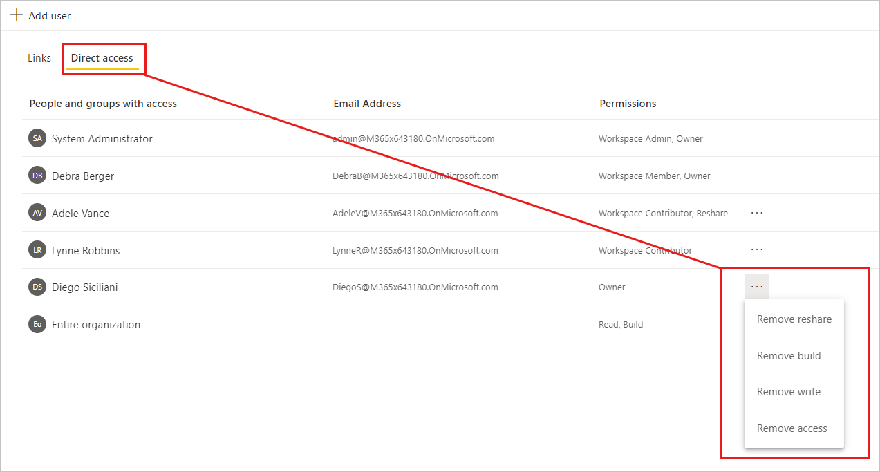 Screenshot: Ändern von Berechtigungen auf der Registerkarte „Direkter Zugriff“ auf der Seite „Berechtigungen verwalten“ des Semantikmodells