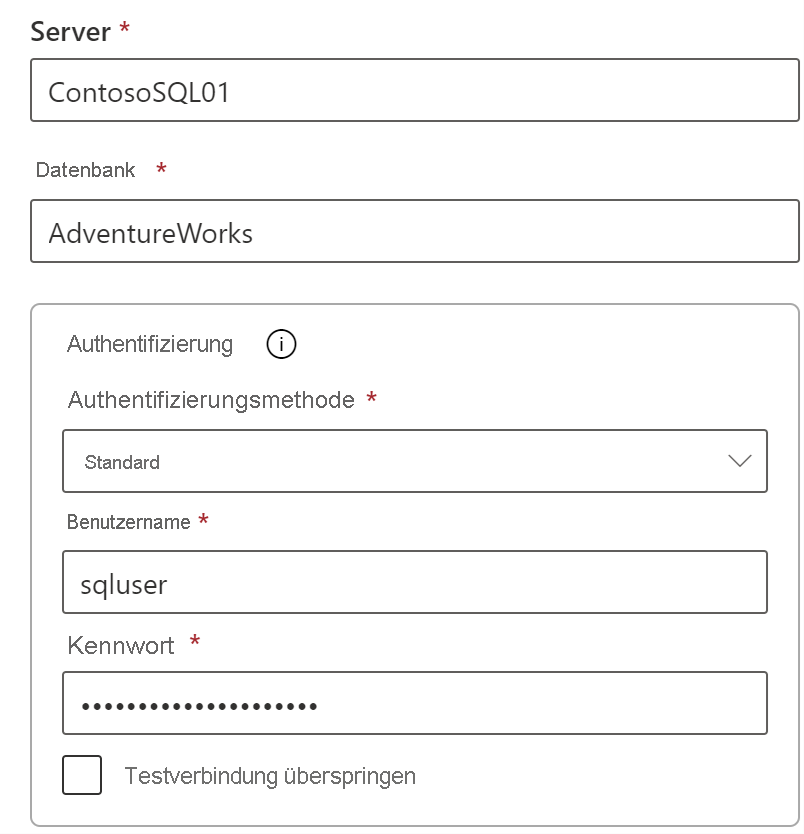 Screenshot of credentials for SQL data source.