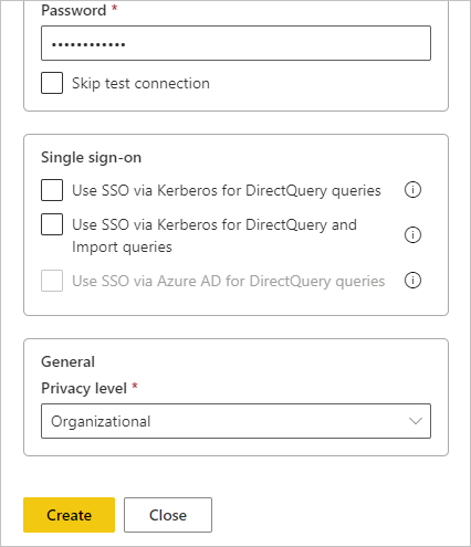 Screenshot: Einstellung der Datenschutzebene für die SQL-Datenquelle