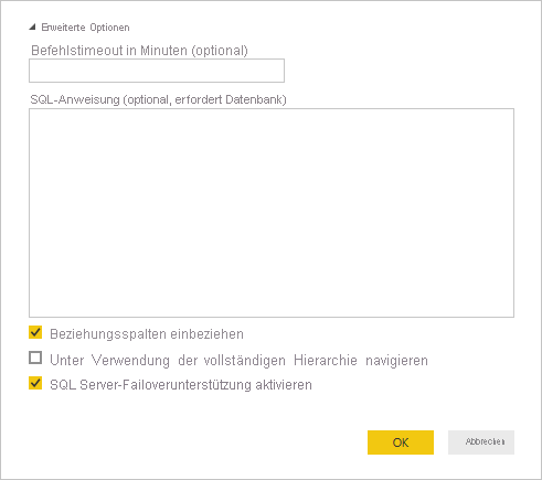 Screenshot der erweiterten Optionen für SQL Server