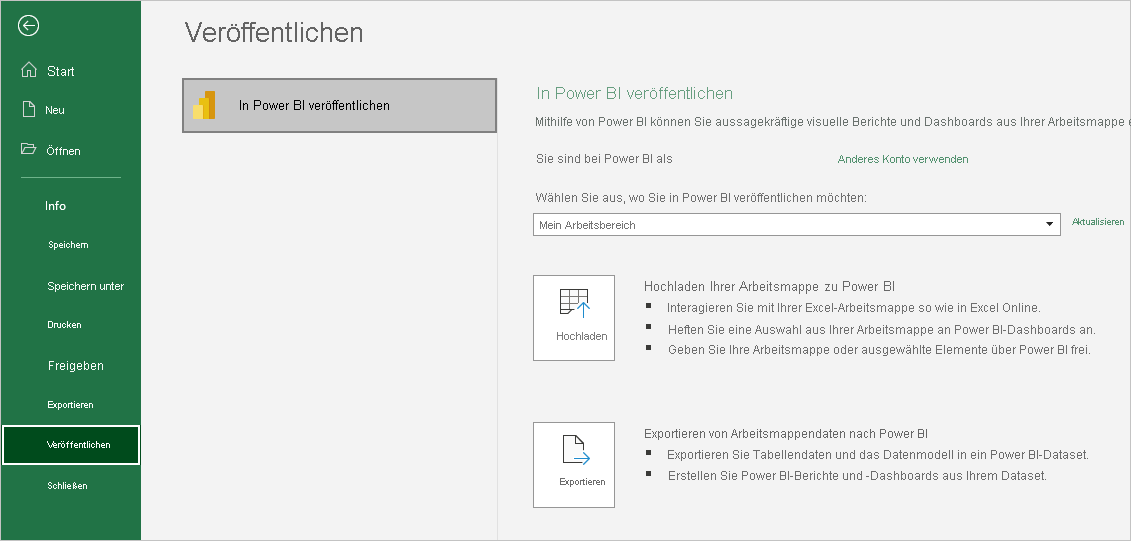 Screenshot that shows Publish a workbook to Power BI in Excel.