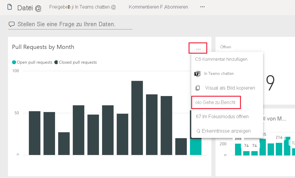 Screenshot of the pull requests by month tile with more options and go to report highlighted.