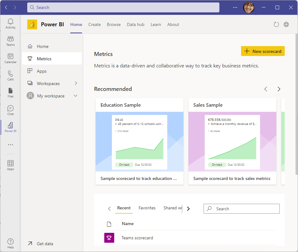 Startseite des Metrikhubs in Power BI.