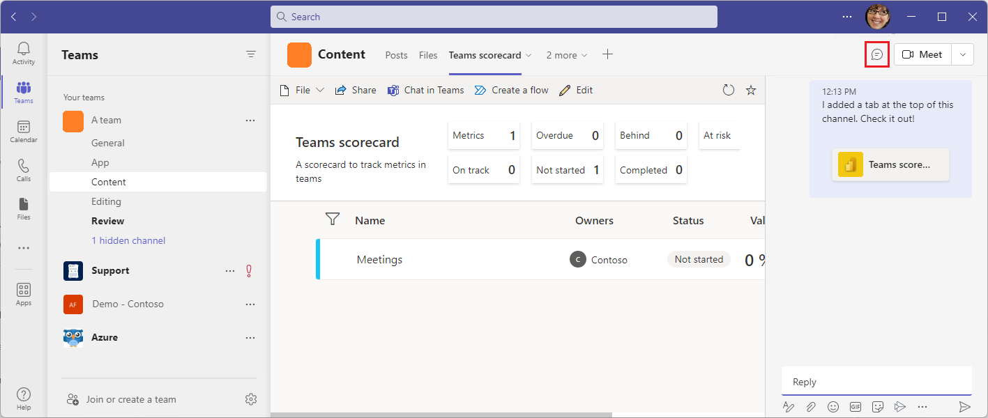 Öffnen Sie das Chatfenster in Teams, um den Beitrag zur Scorecard anzuzeigen.
