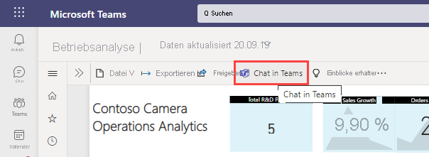 Screenshot eines Power BI-Berichts in einer Teams-Besprechung mit hervorgehobener Schaltfläche „In Teams chatten“