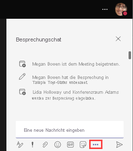 Screenshot des Chatbereichs in Teams mit hervorgehobenem Symbol „Messaging-Erweiterungen“