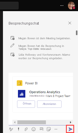 Screenshot des Chatbereichs in Teams mit hervorgehobenem Symbol „Nachricht senden“