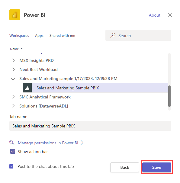 Screenshot: Power BI-Dialogfeld in Teams mit Hervorhebung von „Speichern“.