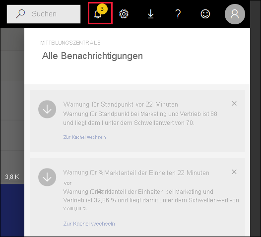 Screenshot der Mitteilungszentrale mit dem hervorgehobenen Benachrichtigungssymbol und einigen sichtbaren Benachrichtigungen