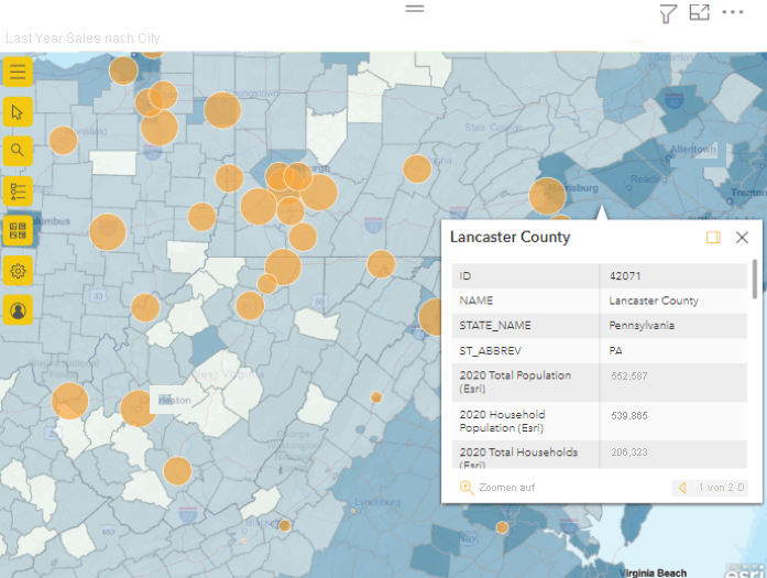 Screenshot of map zoomed in to Lancaster County and displaying tooltip.