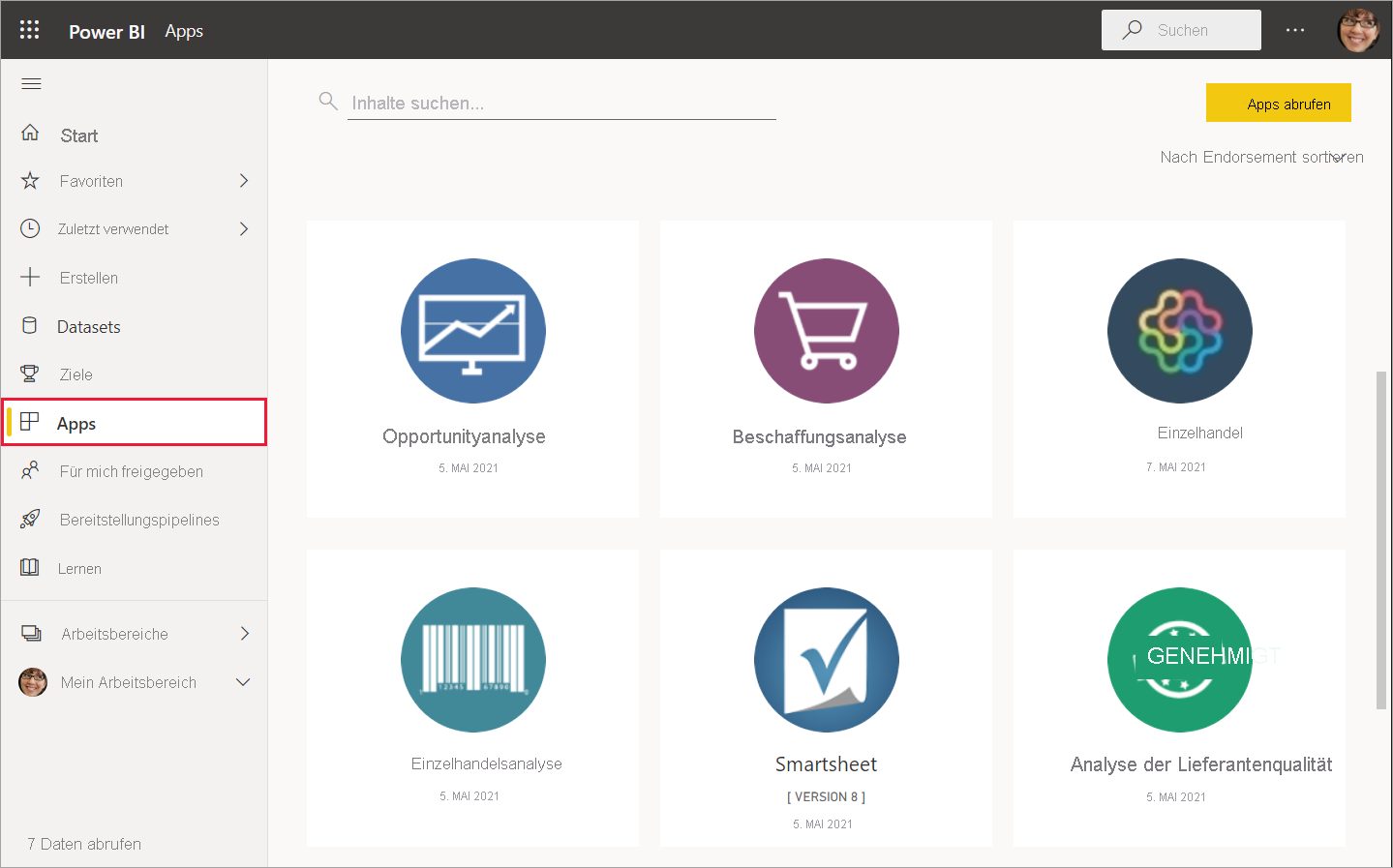 Screenshot der im linken Bereich von Power BI ausgewählten Apps.