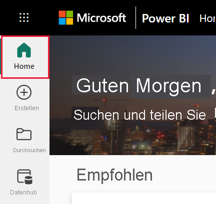 Screenshot des Navigationsbereichs im Power BI-Dienst mit ausgewählter Option „Startseite“