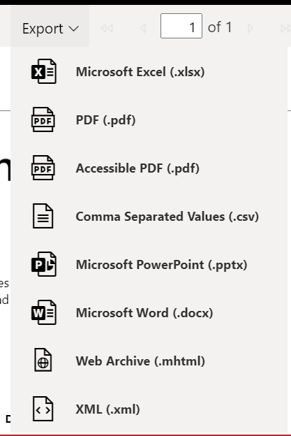 Screenshot showing the formats for exporting a paginated report.