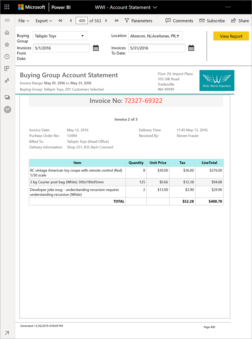 Screenshot showing a page of the paginated report for Tailspin Toys.