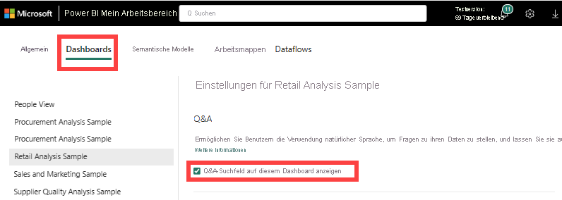 Screenshot der Einstellungsdashboards, die Q&A-Einstellungen für das Dashboard aktivieren.