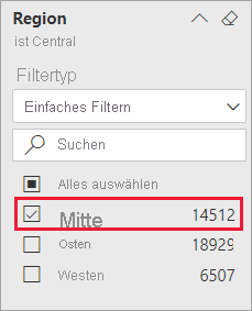 Screenshot des erweiterten Filters „Region“ und ausgewählter Option „Central“ (Mitte)