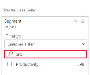 Screenshot eines erweiterten Filters mit ausgewähltem Suchfeld
