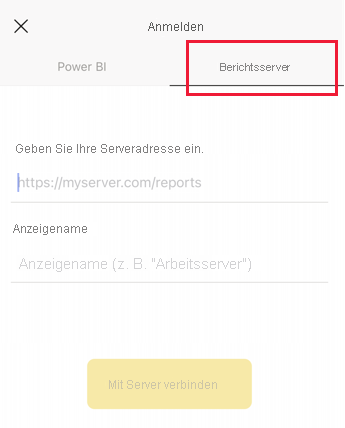 Screenshot des Dialogfelds „Anmelden“ mit hervorgehobenem Berichtsserver