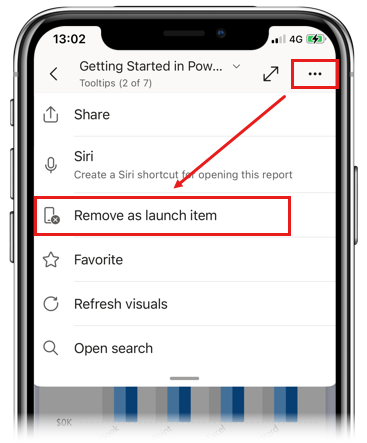 Screenshot der Option „Als Startelement entfernen“ in den mobilen Power BI-Apps.