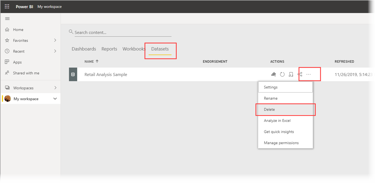 Select the Delete semantic models