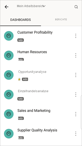 Der Screenshot zeigt einen Bildschirm auf einem Android-Smartphone mit „Mein Arbeitsbereich“ mit ausgewähltem DASHBOARDS.