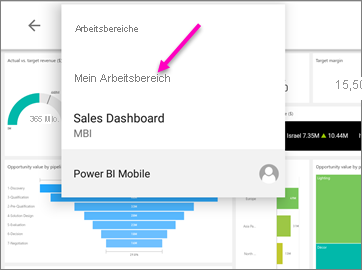 Der Screenshot zeigt das Brotkrümelmenü auf einem Android-Tablet mit hervorgehobenem „Mein Arbeitsbereich“.