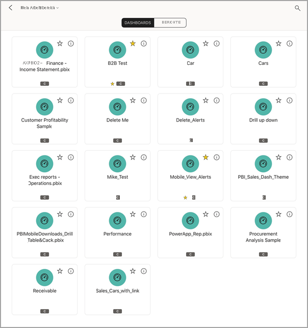 Der Screenshot zeigt einen iPad-Bildschirm mit „Mein Arbeitsbereich“ mit ausgewähltem DASHBOARDS.